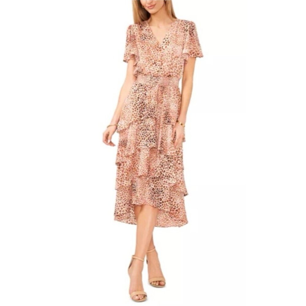 Vince Camuto Maxi Dress 2X Camel Brown Gold Tiered Short Sleeve NEW